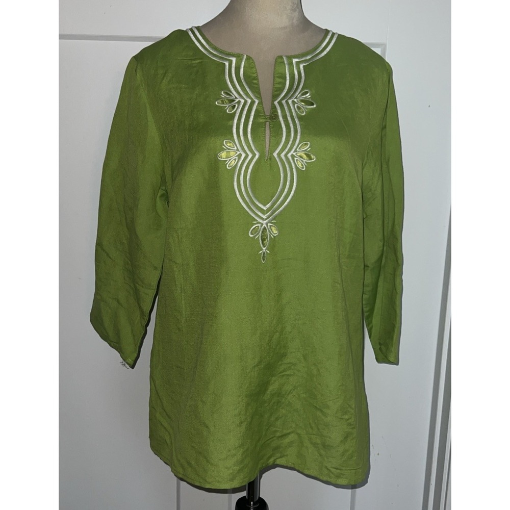 NEW "APPRAISAL" ~XL~linen Blend green tunic White Embellished